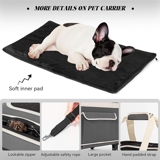 PETSFIT Large Pet Carrier with Wheels Designed for 2 Small Dogs/Multiple Kittens/Medium Dogs with Adjustable Safety Rope & Waterproof Bottom(𝑵𝒐𝒕 𝒂𝒊𝒓𝒍𝒊𝒏𝒆 𝒂𝒑𝒑𝒓𝒐𝒗𝒆𝒅)