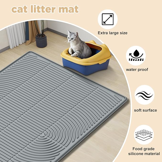 AMOK Cat Litter Mat, Extra Large Silicone Litter Box Mat 40" x 28", Waterproof Litter Trapping Mat for Cats, Durable and Easy to Clean, Grey