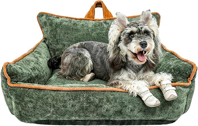Small Orthopedic Dog Sofa Bed with Sides, Carry Handle & Side Pockets .Plush Chenille Orthopedic Pet Bed Couch for Small Breed Dogs & Cats .Portable Snuggler for Indoor Use, Travel & Recovery
