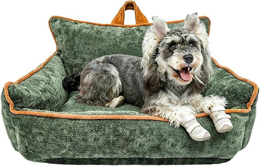 Small Orthopedic Dog Sofa Bed with Sides, Carry Handle & Side Pockets .Plush Chenille Orthopedic Pet Bed Couch for Small Breed Dogs & Cats .Portable Snuggler for Indoor Use, Travel & Recovery