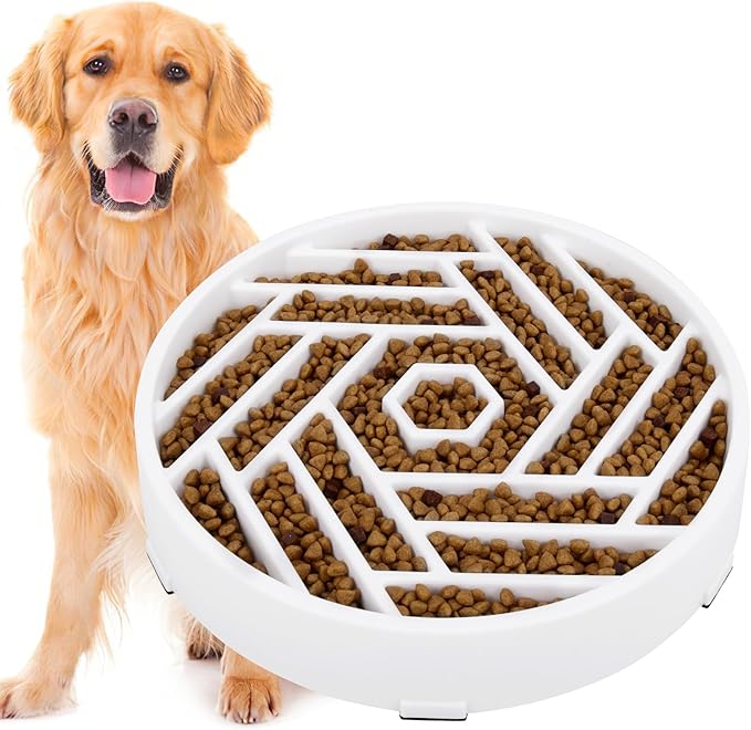 TOBYTO Slow Feeder Dog Bowls Large Medium Breed,Anti-Choking Slow Eating Dog Food Bowl,Non Slip Pet Slower Food Feeding Bowls Large Puzzle Slow Feeder Bloat Stop Maze Dog Dishes,White
