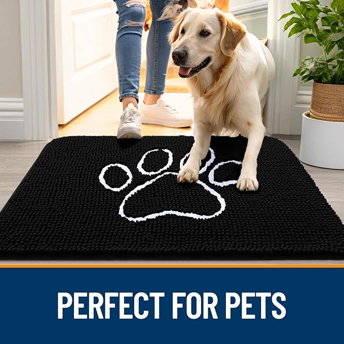 OLANLY Dog Door Mat for Muddy Paws 36x24, Paw Print Design, Absorbs Moisture and Dirt, Absorbent Non-Slip Washable Doormat, Quick Dry Chenille Mud Mat for Dogs, Entry Indoor Entryway Carpet, Black