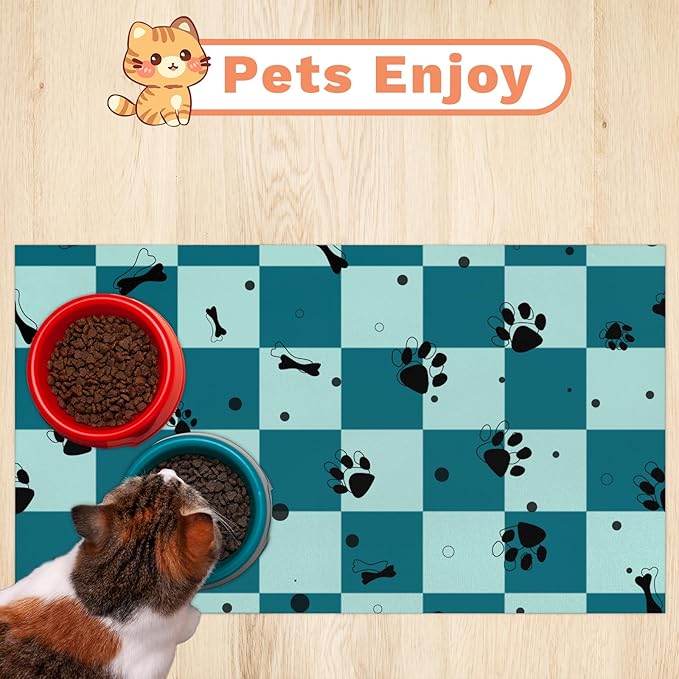 Checkered Absorbent Dog Feeding Mat Quick Dry Diatom Mud Non-Slip Pet Food Placemats Pad with Rubber Backing for Food and Water Bowls 12"x20"