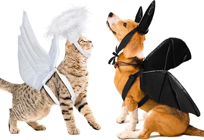 Pet Halloween Costume Angel Dog Costume Wings and Dog Devil Cat Angel Devil Cosplay Outfit Fits Many Pets for Christmas, Halloween Parties, Gifts for Dog & Cat Lovers(White, Black)