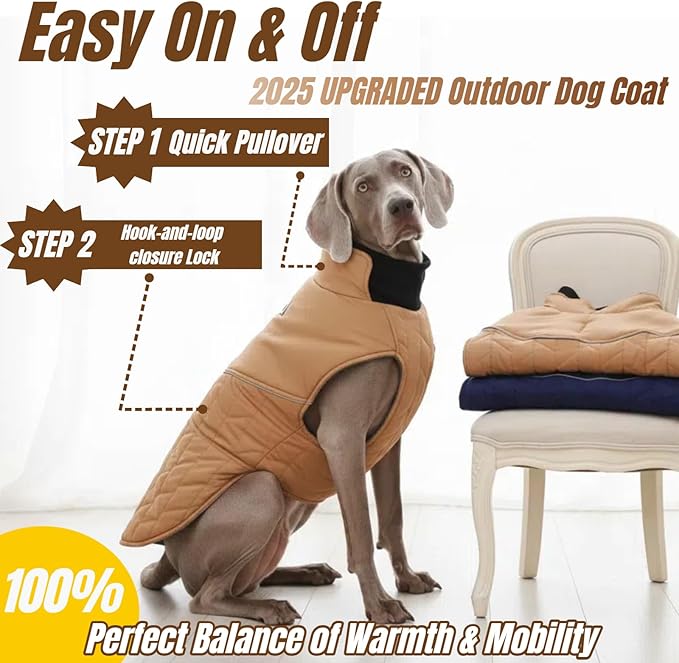 Upgraded Outdoor Classic Quilted Dog Winter Coat, Waterproof & Ultra Warmth Coat for Tiny Small Dogs, Easy On & Off Jacket with Adjustable Velcro, Thick Puppy Clothes for Chihuahua Yorkshire(Khaki,XS)