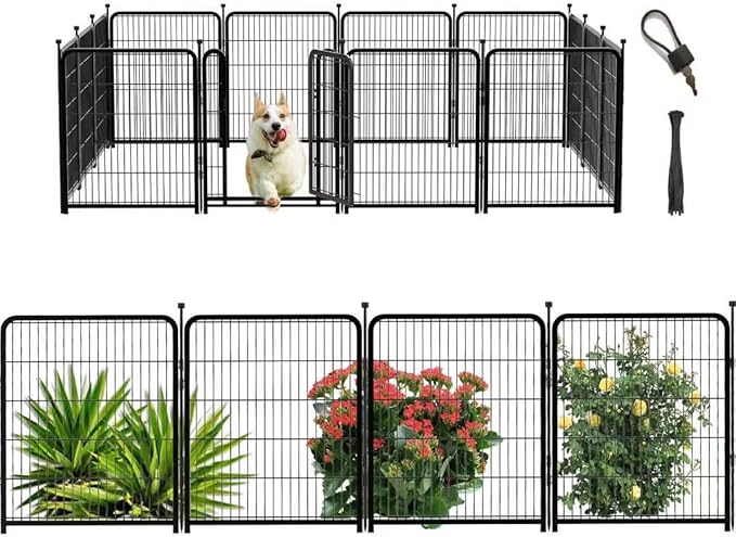 56 in(H) Dog Fence Outdoor for Yard，Wide Door Low Threshold, Decorative Garden Fence Panels, 10 Panels Total 22.1 Ft(L)，No Dig Fencing for Dogs, Black