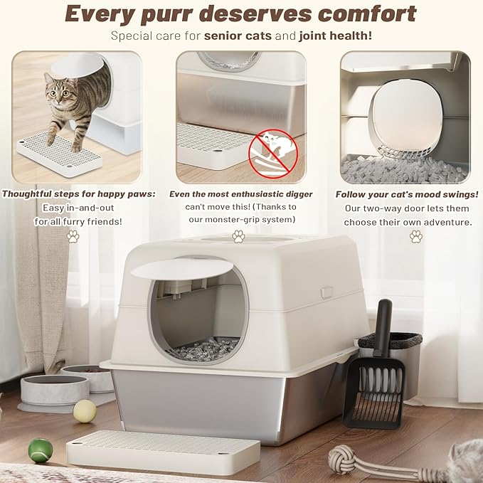 Extra Large Enclosed Stainless Steel Cat Litter Box Enclosure with Lid, Front Dual-Door and Top Exit Metal Cat Litter Pan Box for Big Cats, with Litter Scoop,Box Step, Waste Bin & Trash Bags, White