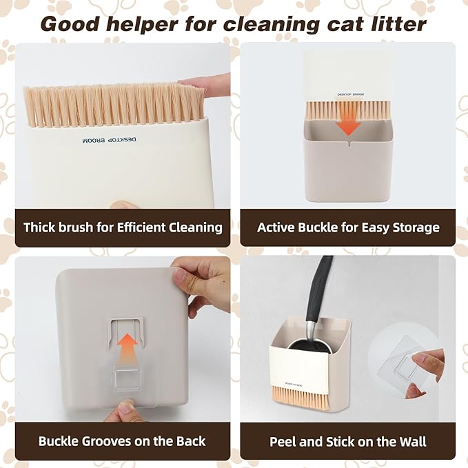 4 in 1 Wall-Mounted Litter Box Organizer Cleanup Kit, Metal Cat Litter Scoop with Holder Mini Broom, Litter Scooper with Dustpan Cat Caddy, Aluminum Poop Sifting Kitty Shovel Capture Clump