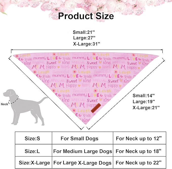 ADOGGYGO Mothers Day Dog Bandanas, Reversible Pink Pet Scarf, Premium Durable Fabric, Adjustable Fit Holiday Bandanas for Medium Large Dogs Pets (Large)