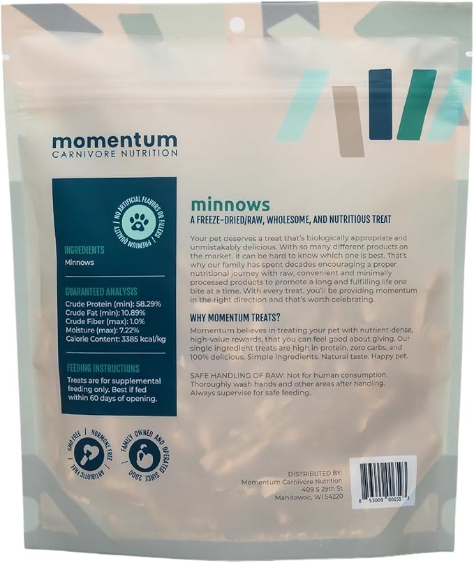 Momentum Carnivore Nutrition Freeze-Dried Minnows Dog Treats – Single-Ingredient, Dog & Cat Treats – High-Protein, Grain-Free– 2 oz Bag
