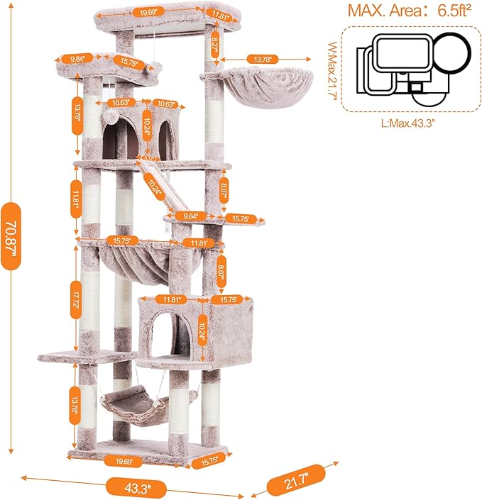 Heybly Cat Tree, 71-Inch-Tall Tower for Indoor Cats with 2 Perches, 2 Big Condos, 2 Hammocks, Basket, Scratching Pad, Large Cat Furniture and Condo, Mushroom HCT034MU