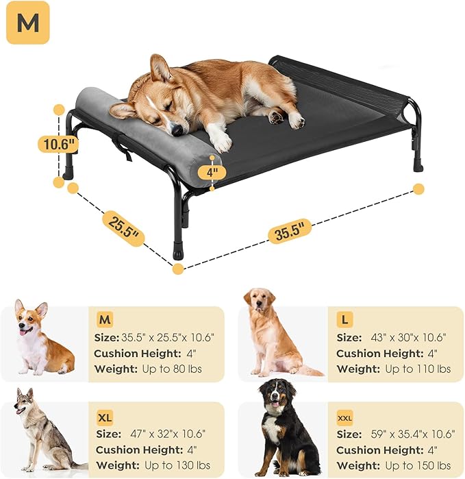 Veehoo Medium Elevated Dog Bed, Outdoor Raised Dog Cot Hammock Bed with One-Sided Removable Headrest Bolster, Cooling Breathable Washable Teslin Mesh, Off Ground, Anti-Slip, M, CWC2204BCP