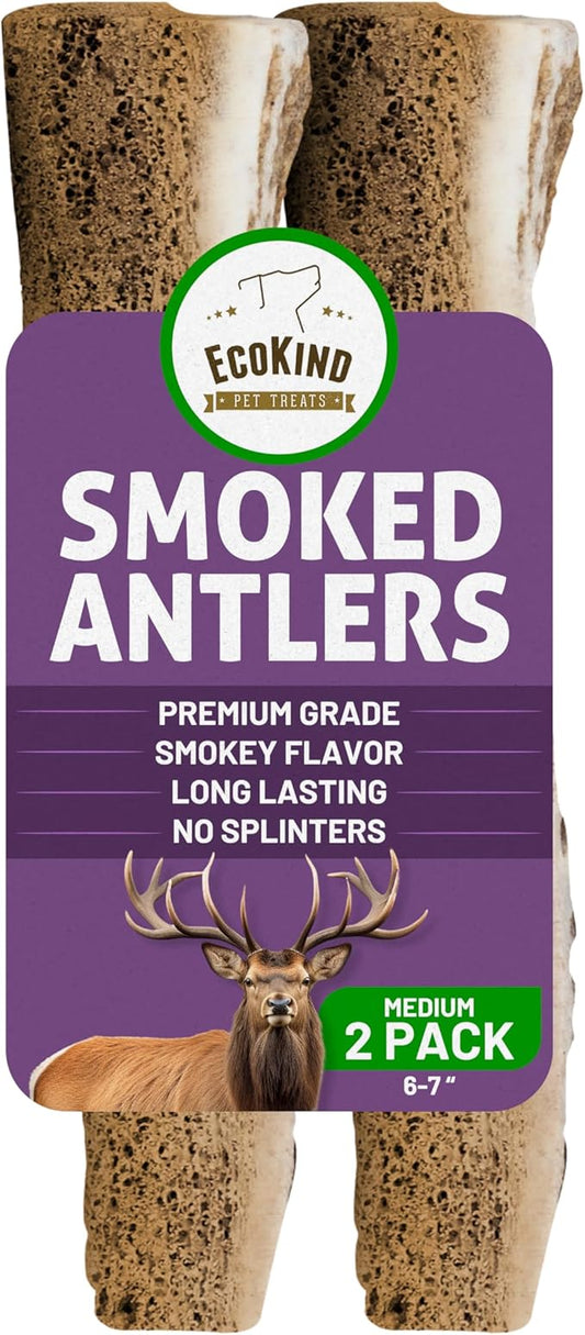 EcoKind Smoked Elk Antler Dog Chews – Natural Split Antlers, Long-Lasting Chew, Elk Antlers Treats for Medium Dogs Weighing 15-30 lbs, Splinter-Free, Supports Dental Health – 2 Medium Smoked Antlers