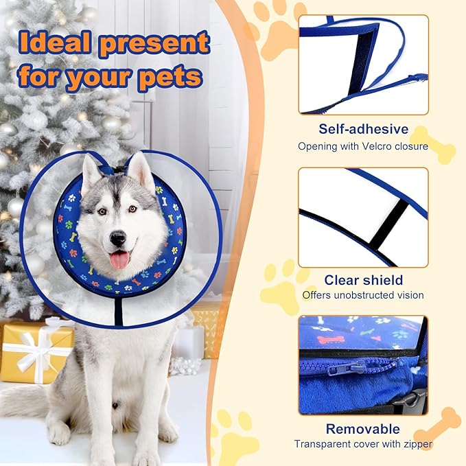 Dog Cone Collar with Enhanced Anti-Licking, Inflatable Dog Cone After Surgery, Adjustable Size with Soft Padding for Small Medium Large Dogs - Blue/M+