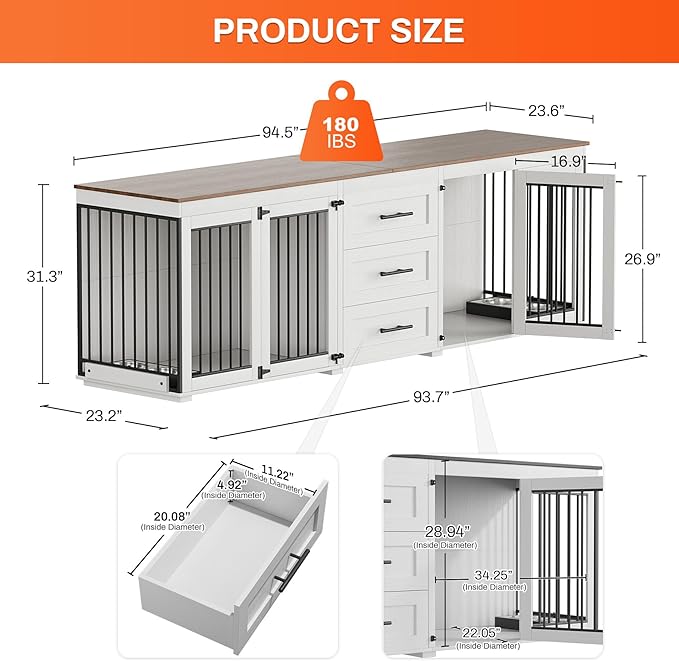 Rophefx 94.5" Dog Crate Furniture for 2 Dogs, Large Dog Kennel Furniture with 3 Storage Drawer, Wooden Dog Cage with 4 Bowls, Indoor Dog House TV Stand with Locks for Large Medium Dog, White
