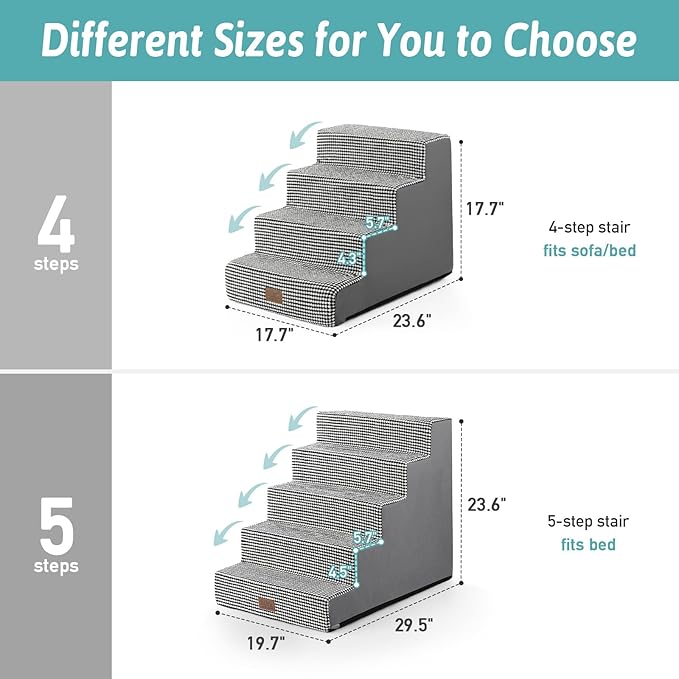 Dog Stairs for Small Dogs, 5 Tier Wider Pet Stairs for High Beds, 23.6" H Non-Slip Dog Steps for Old Cats, Puppies, Small Medium Dogs, 19.7x29.5x23.6 inch, White Black