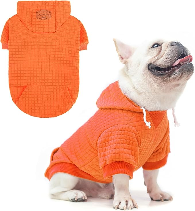 BEAUTYZOO Small Dog Hoodie Sweater with Pockets, Dog Clothes for Small Medium Dogs Boy Girl, Waffle-Like Laminated Cotton Pet Coats with Hat and Leash Hole, Orange M