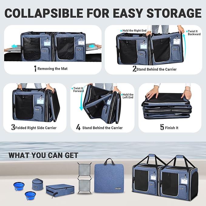 Petskd 2 in 1 Double Cat Car Travel Carrier with Litter Box, 38"x17"x18" Portable Dual Extra Large Cat Carrier for Multiple Cats with Zipper Locks for Moving Across The Country