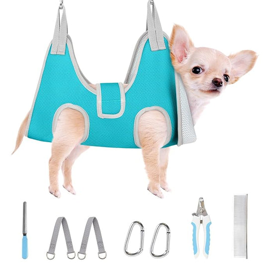 Supet Dog Grooming Hammock for Small Dogs, Dog Hanging Harness for Nail Trimming Doorframe, Pet Holder Restraint for Clipping Nails, Pet Hoist Sling for Cutting Nails at Home (Blue XXS)