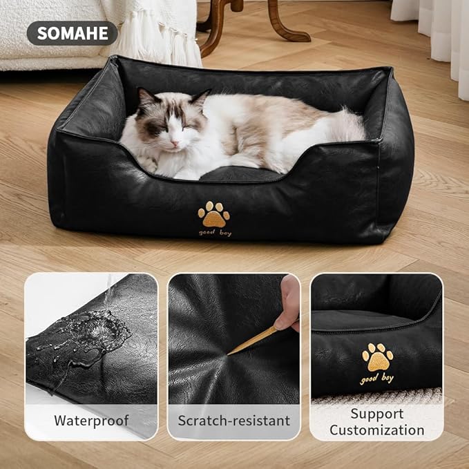 Premium Leather Cat Bed for Indoor Cats Premium Small Dog Bed Pet Nest with Anti-Slip Base Ultra Soft Texture for Comfortable Rest 24 × 18 × 9 inch Black