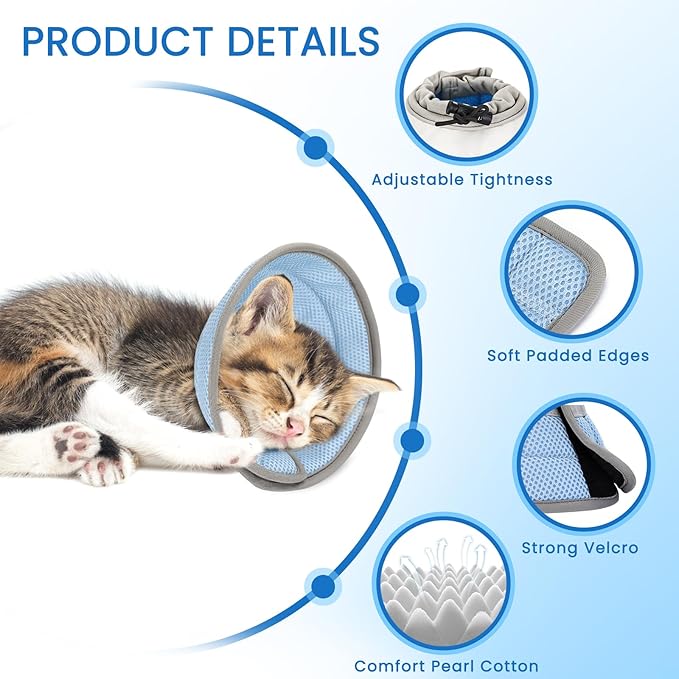 Cat Cone Collar Soft, Cat Recovery Collar Stop Licking After Surgery, Kitten Elizabethan Collar, Adjustable, Lightweight, Comfortable - Blue, M