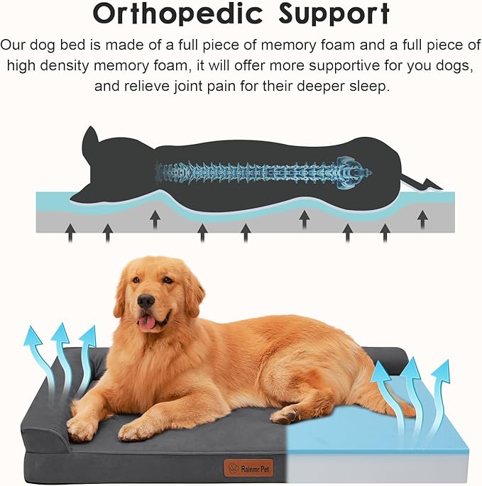 Orthopedic Dog Beds Large Sized Dog, Memory Foam Pet Bed for Medium and Large Dogs, Removable and Washable Microsuede Cover, TPU Waterproof Liner, Nonskid Bottom, 44x32x6 Inches, Dark Grey