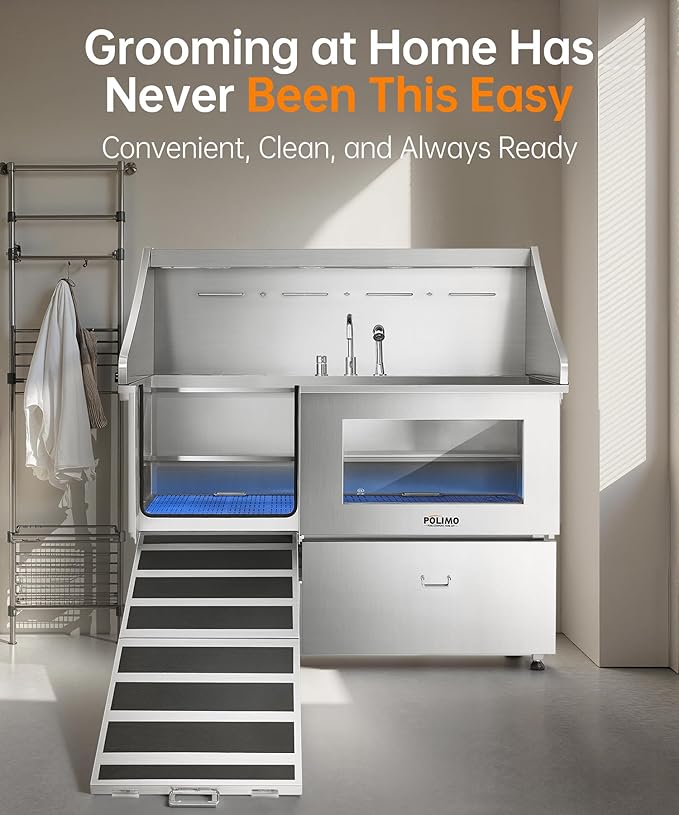 POLIMO Dog Washing Station, LED Professional Stainless Steel Dog Bathing Station 61", Dog Grooming Tub for Large, Medium & Small Dog - with Window, Ramp, Drawer, Floor Grate & Faucet (Left RAMP, 61")