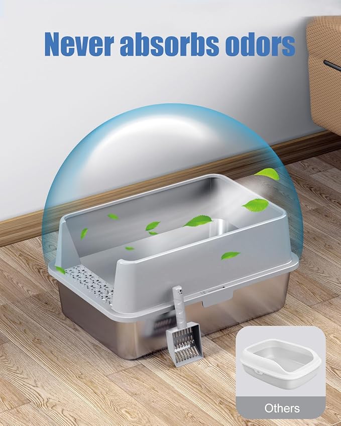 Stainless Steel Litter Box, Metal Litter Boxs with Lid High Sides, XL Extra Large Litter Box for Big Cats, Never Absorbs Odors, Leak-Proof, Stain-Free, Rust-Free, Easy to Clean, Scoop Included…