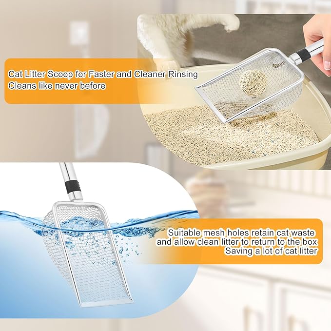 AccEncyc Cat Litter Scoop 2PCS Stainless Steel Mesh Litter Shovel Poop Sifting Litter Box Scooper with 2 Self-Adhesive Hooks, Kitten Pooper Lifter for Litter Box