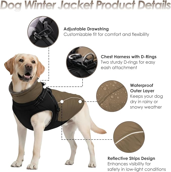 ASENKU Reflective Dog Coat with Built-in Harness, Windproof Fleece-Lined Dog Jacket for Small, Medium, Large Dogs, Warm Winter Vest with Turtleneck & Zipper (Khaki L)