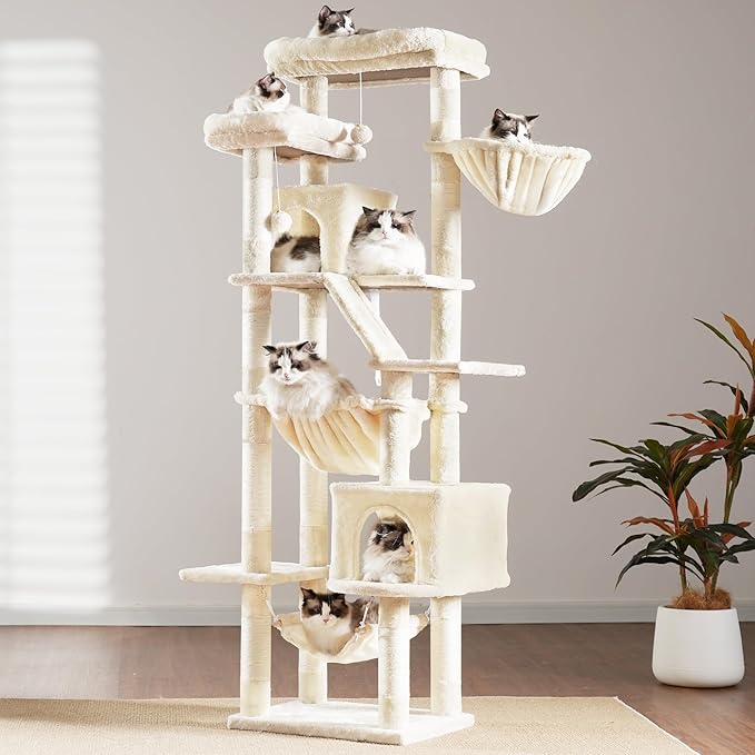 Heybly Cat Tree, 71-Inch-Tall Tower for Indoor Cats with 2 Perches, 2 Big Condos, 2 Hammocks, Basket, Scratching Pad, Large Cat Furniture and Condo, Beige HCT034M