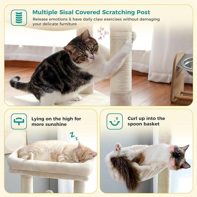 PAWZ Road Cat Tree, 56 Inches Tower Condo with Large Top Perch & Hammock, Cat Tower with Scratching Posts for Indoor Cats，Beige
