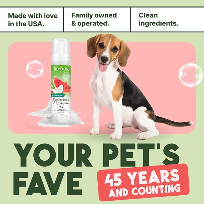 TropiClean Watermelon Waterless Shampoo | Dry Shampoo for Cats & Dogs | Cat & Dog Bath Supplies 7.4 oz | Made in The USA