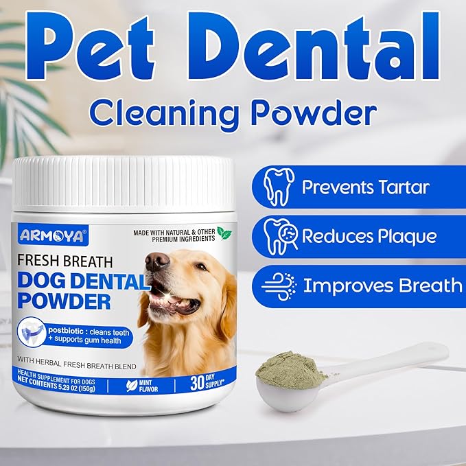 Dog Teeth Cleaning Powder - Dental Powder for Dogs Teeth - Plaque Removal - Supports Gum Health - Tartar Remover with Natural Herb Blend and Postbiotics 30 Day Supply - Mint Flavor