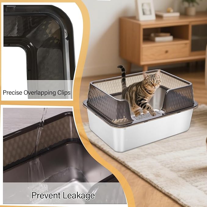 Enclosed High Sided Metal Stainless Steel Cat Litter Box with lid Scoop and Mats for Kittens or Medium Cats, Easy Clean Transparent Black Deep Tall Kitty Litter Box