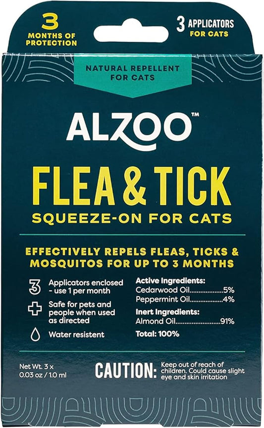 Natural Flea & Tick Squeeze-On for Cats, Helps Repel Fleas, Ticks & Mosquitos, Up to 3-Months Protection, Plant-Based Active Ingredients, Water-Resistant, 3 EZ-On Applicators Per Pack