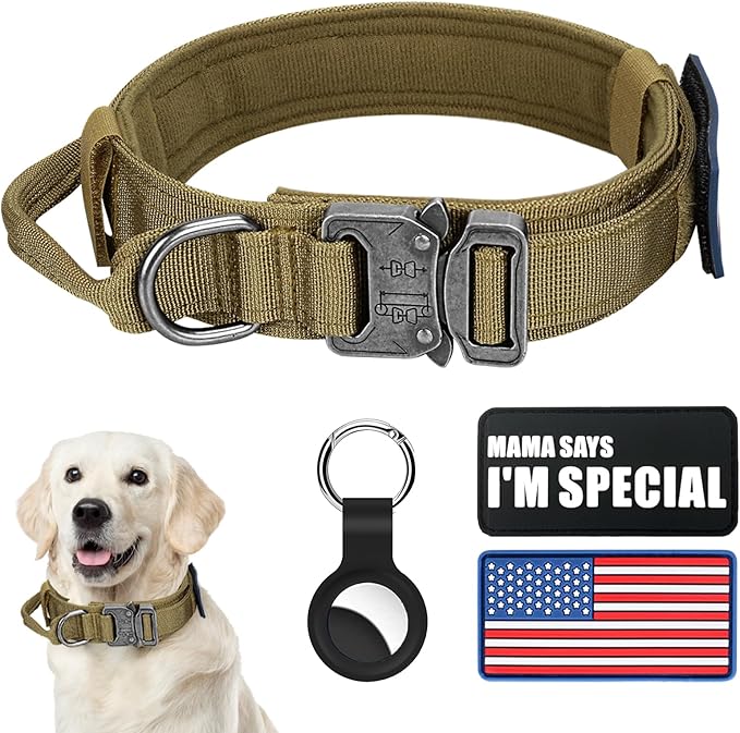 Tactical Dog Collar, Adjustable Nylon, Heavy Duty Metal Buckle with Handle, Airtag Protective Case, Brown, L, Medium & Large Breeds