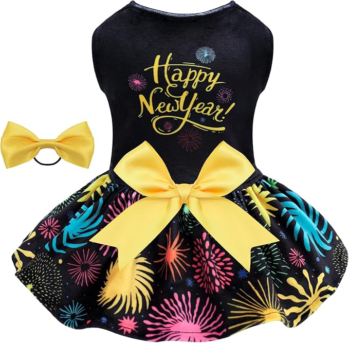 CuteBone Happy New Year Dog Dresses Velvet Holiday Small Dogs Clothes Onesie Pet Apparel Girl Puppy Skirt with Bow Hair Rope CVA56S-D