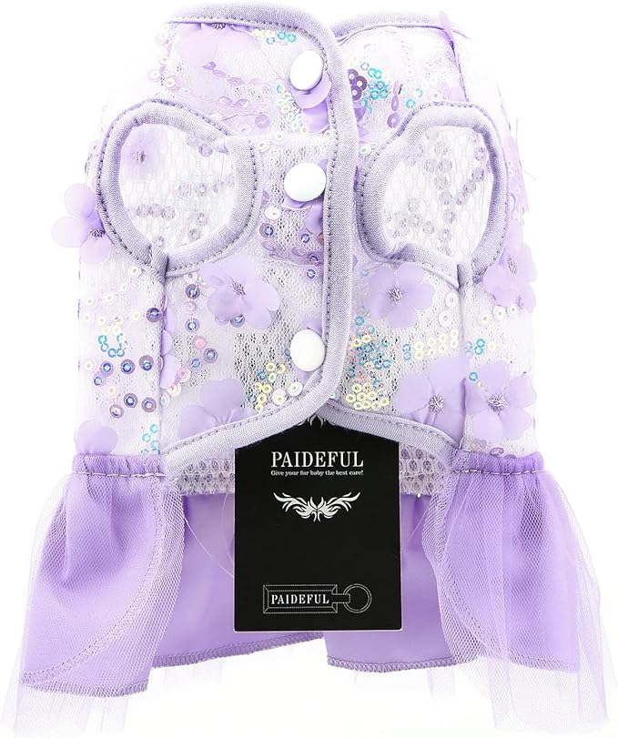 Dog Dress,Luxury Bow Princess Tutu Dresses for Girl Dogs Cute Fashion Mesh Pet Skirt with Sequins Flower Cat Puppy Clothes Wedding Party Outfits Chihuahua Apparel Button up D-Ring,Purple,S