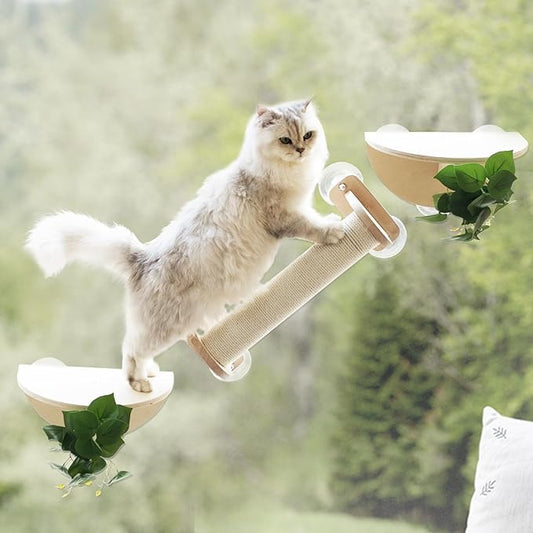 Meowoou Cat Window Scratching Post with Climbing Steps and Perches Wooden Window Mounted Cats Bed for Indoor Cats with Suction Cups(3 Pcs Cat Window Climber Set)
