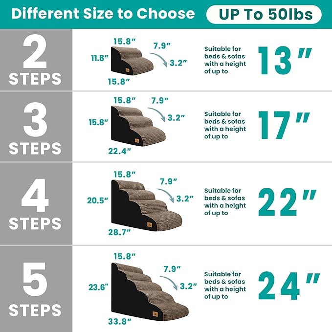 Dog Stairs for Small Dogs, 15.8 in H 3 Step Curved Dog Ramp for High Bed and Couch, Foam Dog Ramp with Durable Non-Slip Waterproof Fabric Cover, Pet Stairs for Pets Joints, Brown