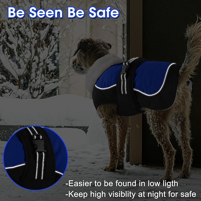 Dogcheer Waterproof Dog Coat, Christmas Dog Winter Jacket, Adjustable Puppy Fleece Coat for Cold Weather, Reflective Turtleneck Snow Jacket for Small Medium Large Dogs - Blue, 2XL