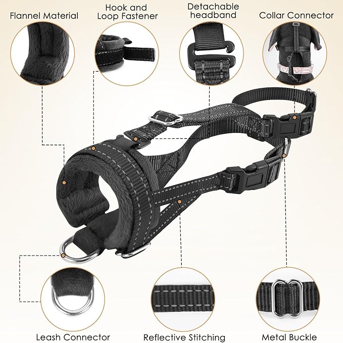 SlowTon Soft Dog Muzzle, Adjustable Padded Nylon Muzzle for Large Medium Dogs Anti Chewing Barking Biting, Allow Dog Pant & Drink（Black,Small
