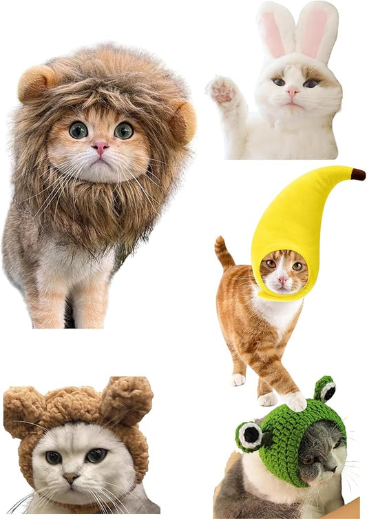 5 Pcs Cat Costume Hats - Banana Frog Lion Bunny Brown Bear Headwear for Cats, Kitten Puppy Party Easter Costume Accessory Headwear(Adjustable Breathable Design)