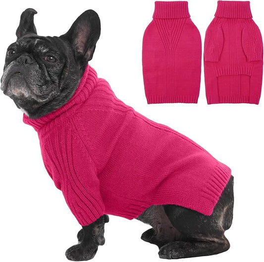 IECOii Dog Sweaters for Medium Dogs Girl Boy,Holiday Knit Doggy Sweatshirt with Sleeve,Turtleneck Thick Warm Dog Sweaters for Winter,Pullover Knitwear for French Bulldog,Boston Terrier (Rose red, L)