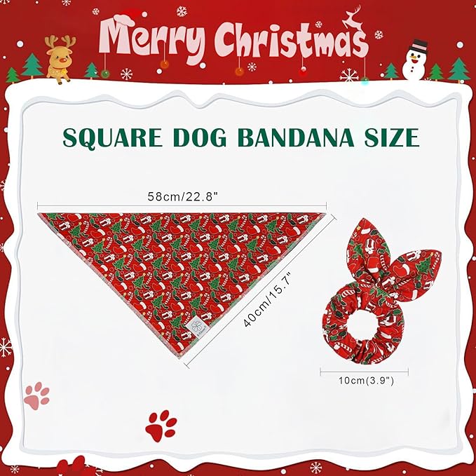 E-Clover Christmas Dog Bandanas & Matching Scrunchie Set Green Red Dog Scarf Bibs Pet Bandana with Bow Tie for Small Dogs Puppy Owner Mom Winter