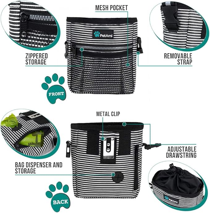 PetAmi Dog Treat Pouch, Pet Treat Pouch for Training, Dog Walking Bag Holder for Kibbles, Pet Food Toy, Dog Trainer Essentials Supplies, Poop Bag Dispenser, 3 Ways to Wear (Black Stripes)