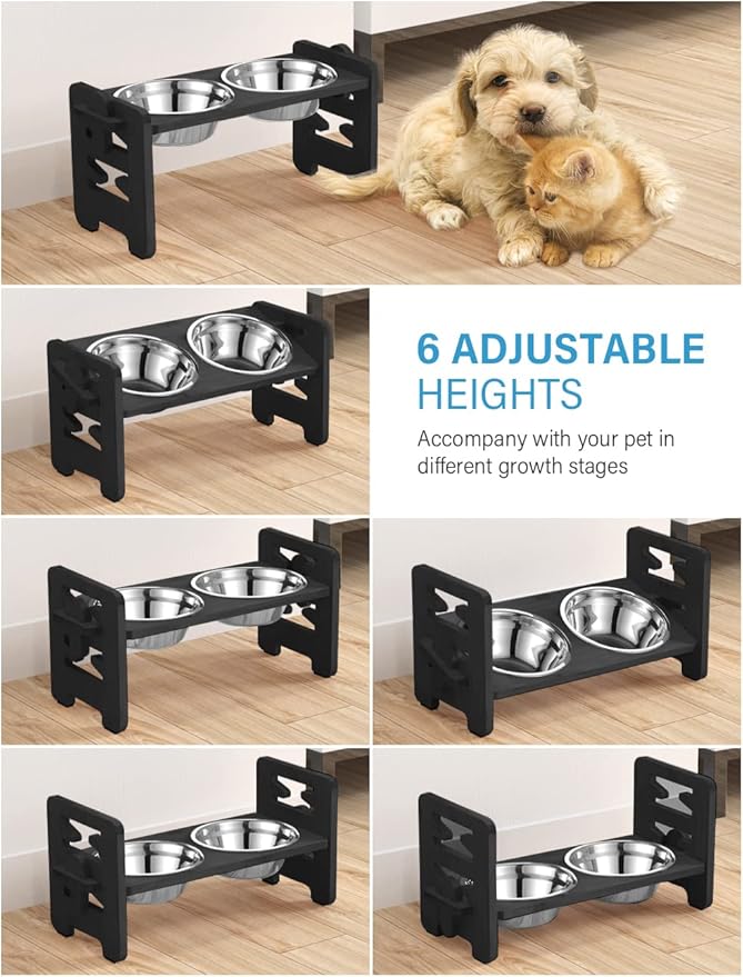 Vantic Elevated Dog Bowls, Adjustable Raised Dog Bowl Stand for Small Puppy and Cats, Sturdy Bamboo Pet Food Feeder with 2 Stainless Steel Dishes, Black