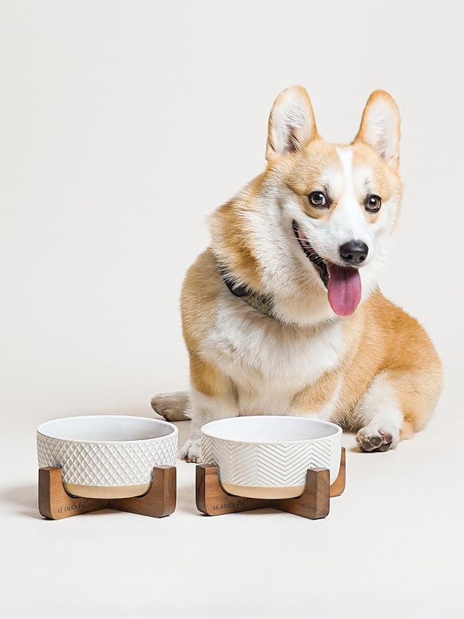 LE TAUCI PET Ceramic Dog Bowl Set, 4 Cups Food and Water Bowl for Medium Small Dogs, Cute Pet Dishes with Wood Stand, Rhombus+Wave Design (Set of 2)