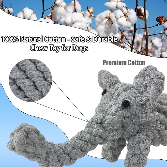 ADUCK Puppy Dog Rope Toy for Teeth Cleaning, Chew-Proof Dental Care & Training Reward | Durable Cotton Heather Gray Elephant for Small & Medium Dogs